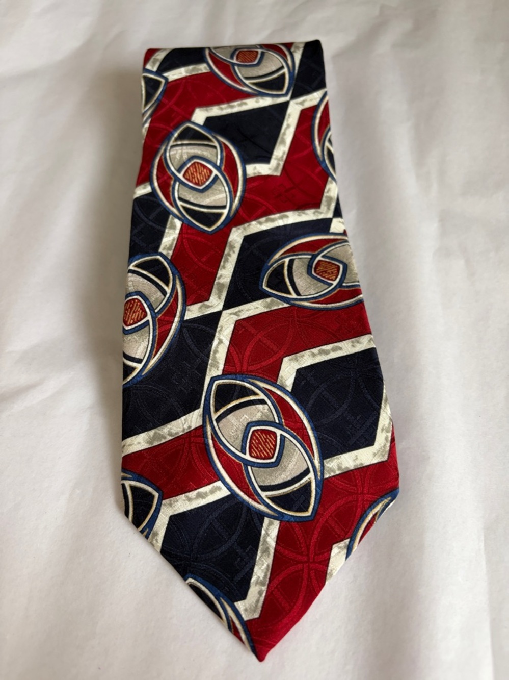 Geoffrey Beene Red, Navy and Silver Geometric Silk Tie - Picture 5 of 6
